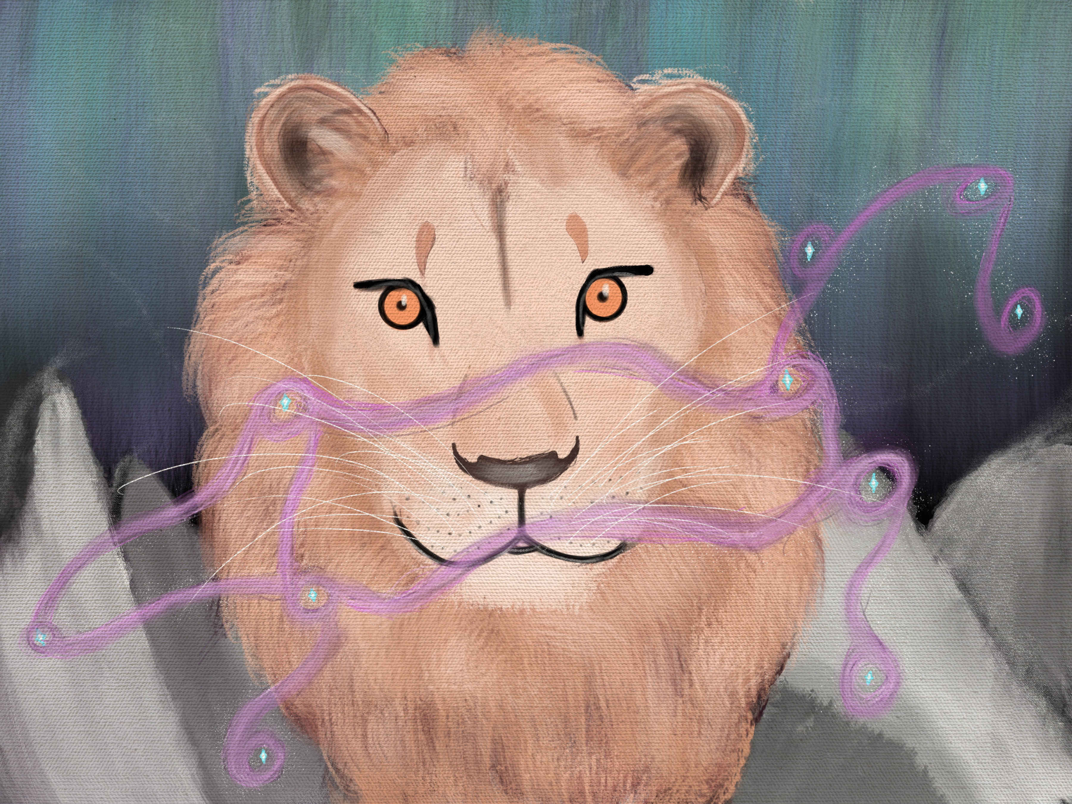 the leo constellation overlayed atop the head of a lion with a mountain backdrop