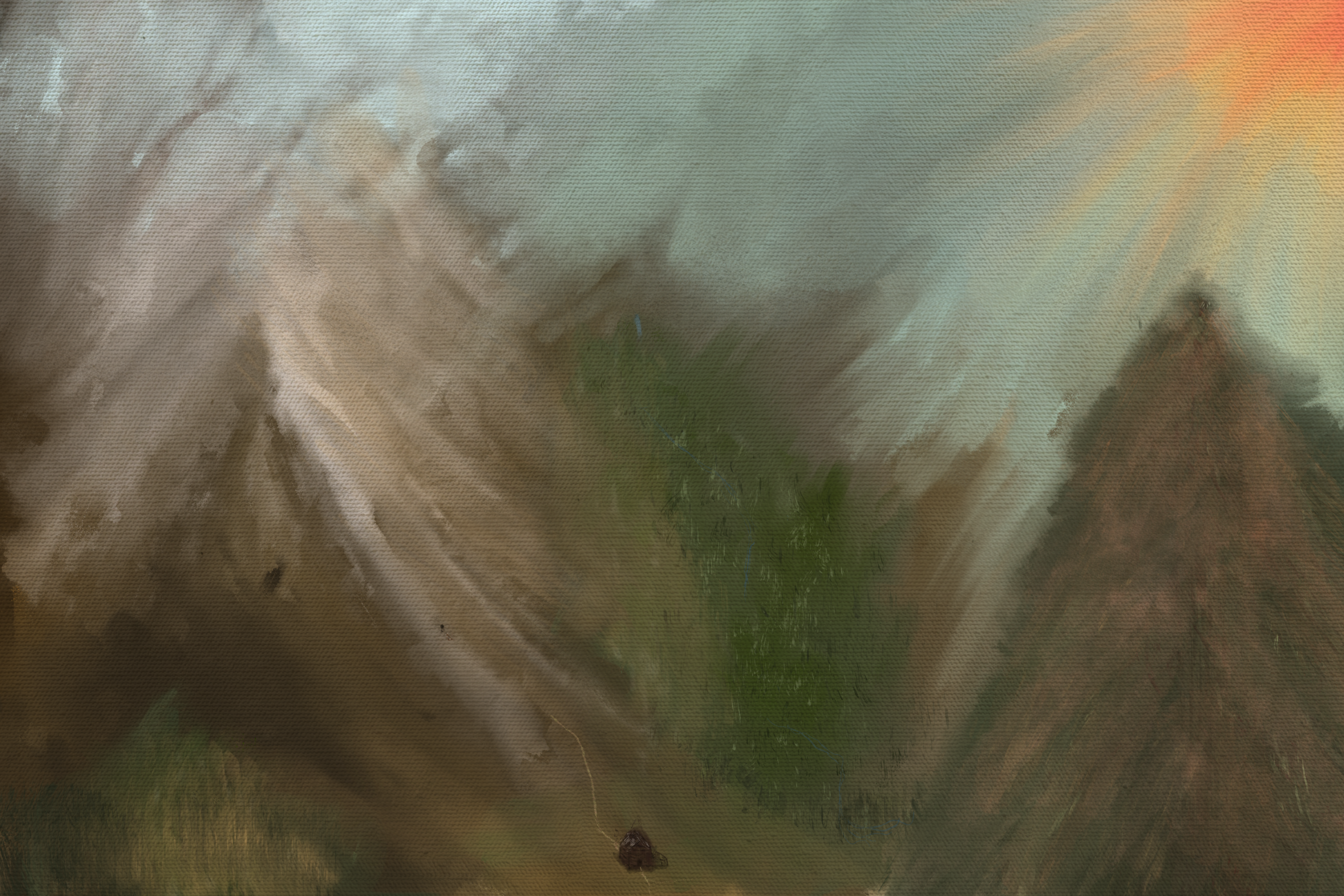a scenic mountain with windswept peaks and a cabin with a path leading upward